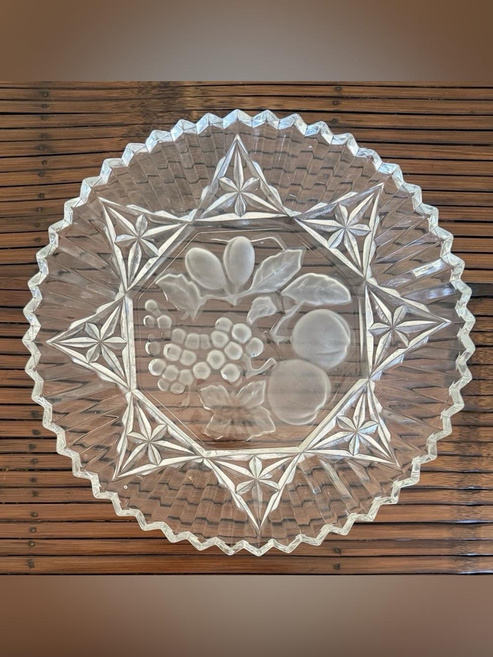 Vintage Glass Cake Serving Plate with Etched Fruit 11.5”